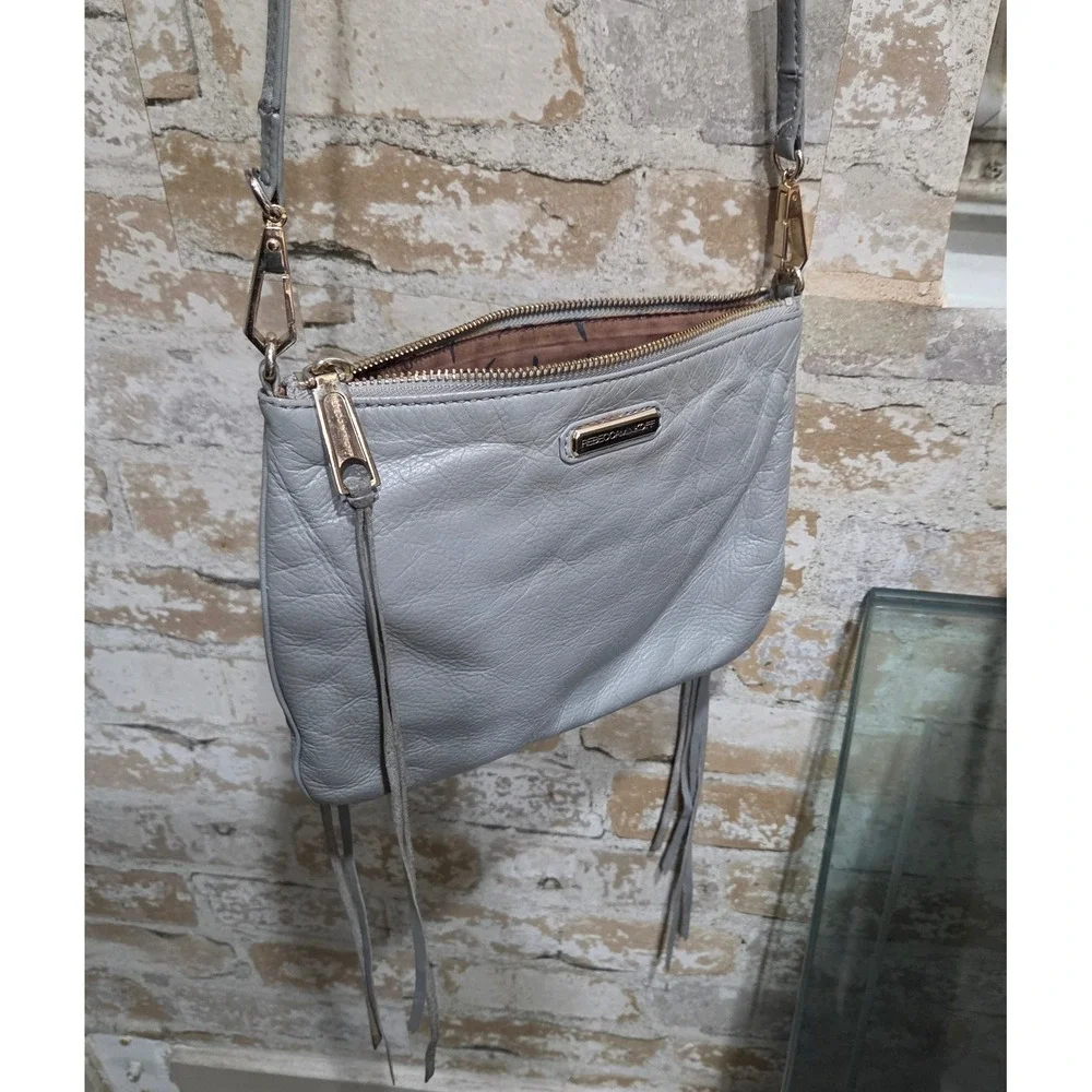 Rebecca Minkoff 5-Zip Crossbody Grey Gen Leather Moto Fringe Bag Gold Hardware